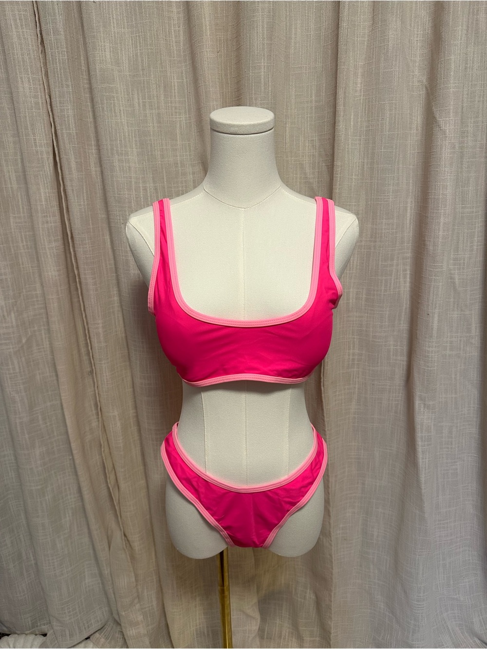 Hot Pink Scoop-Neck Bikini High Thong Set